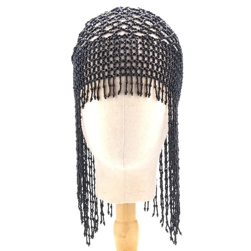 Handmade beaded belly dance head ornament with tassel on alloy mesh, in silver or black.