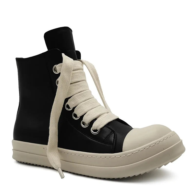 Black high-top leather sneakers with side zipper and platform sole on a white background