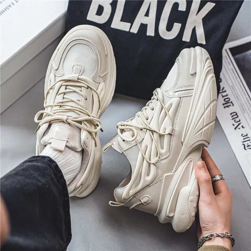 Men's beige mesh sneakers with round toe design and lace-up front fastening