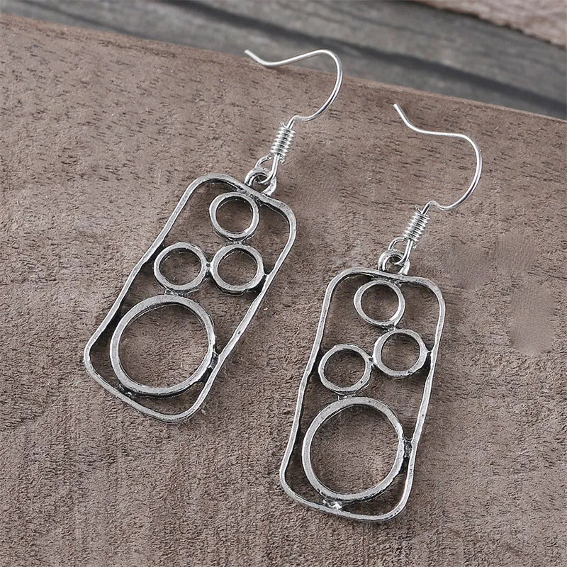 Round zinc alloy earrings with geometric square design in antique silver finish