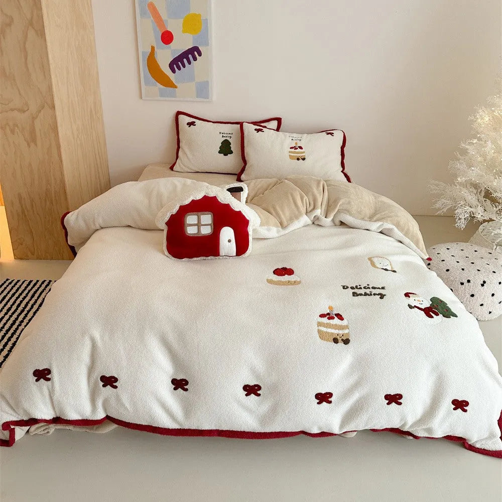 Christmas cartoon bedding four-piece set showing bed sheet, duvet cover and pillowcases with pastel milk cake pattern