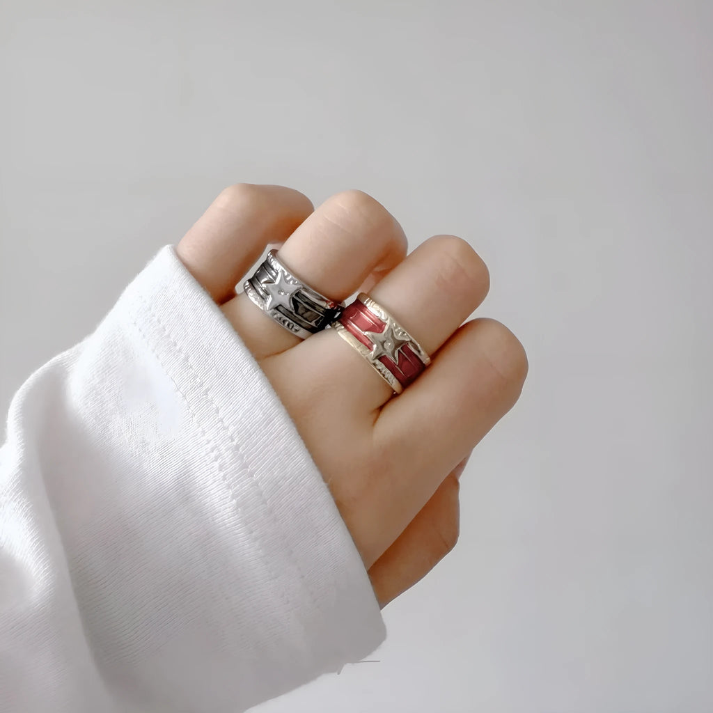 Adjustable geometric copper ring with distressed finish in choice of colours.