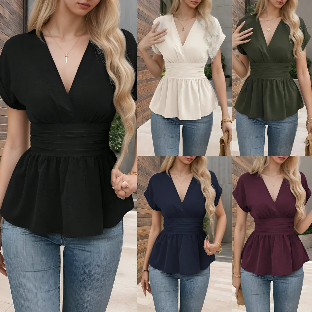 Women's slim fit V-neck summer top with waist pleating in polyester, shown in apricot colour.