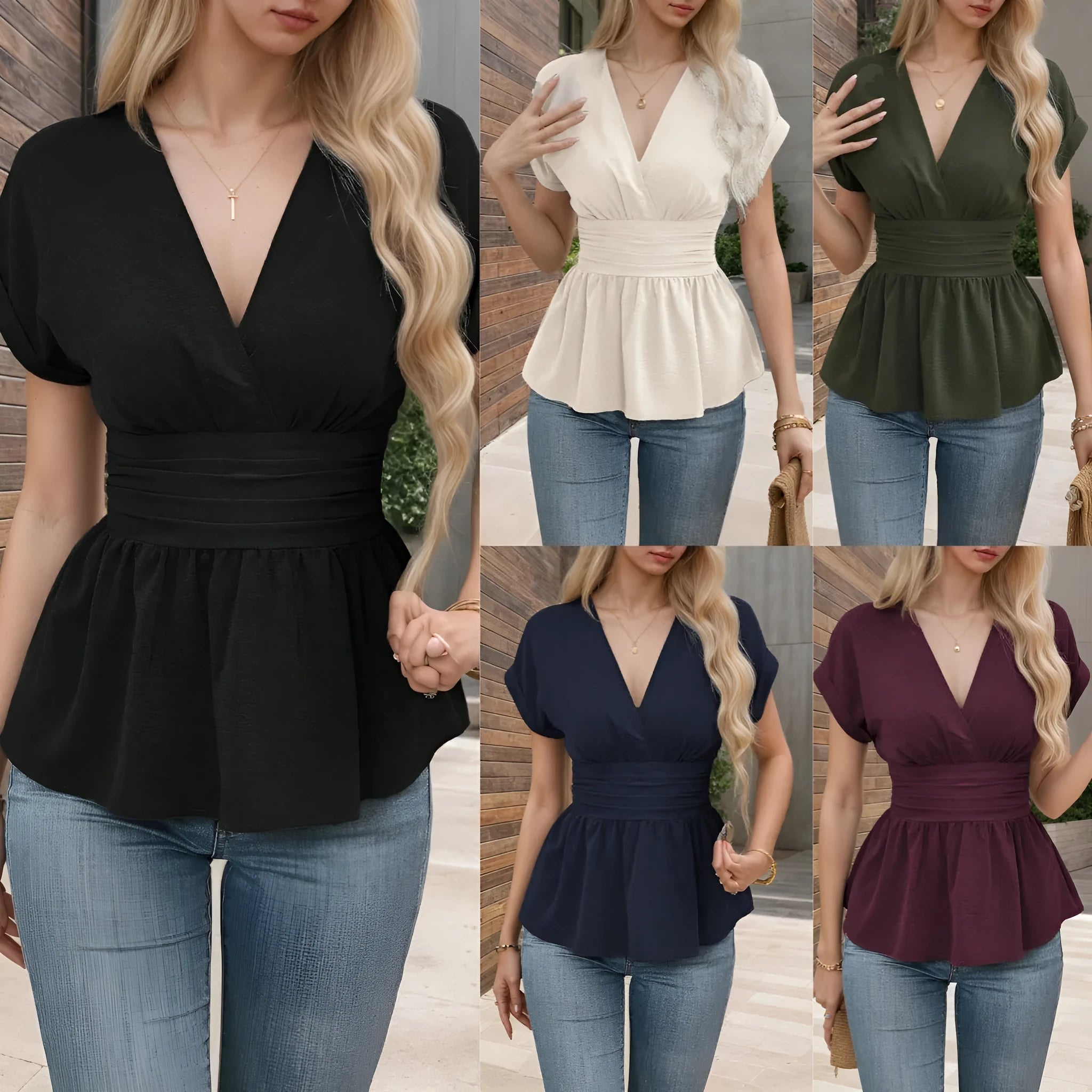 Women's slim fit V-neck summer top with waist pleating in polyester, shown in apricot colour.
