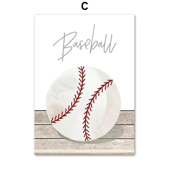 Cartoon sports canvas wall art with football, basketball, and baseball tools for children's bedroom