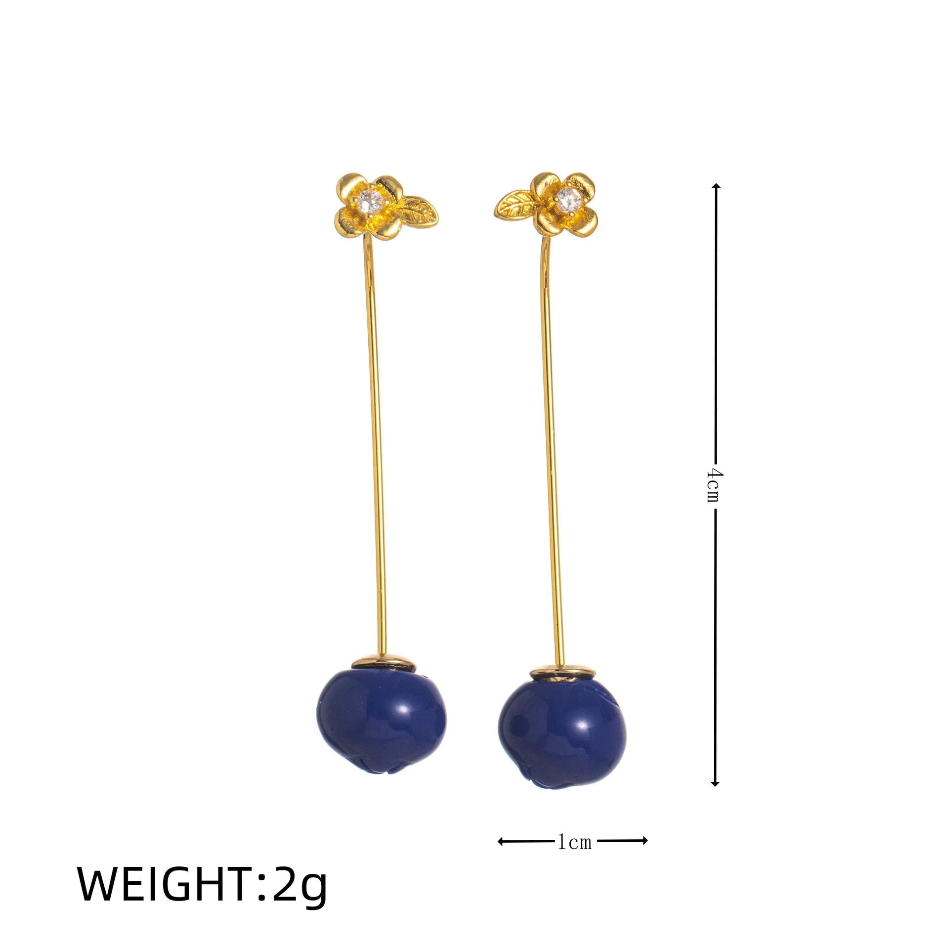 Gold plated copper earrings with fruit and vegetable designs including carrot, blueberry, and chilli pepper