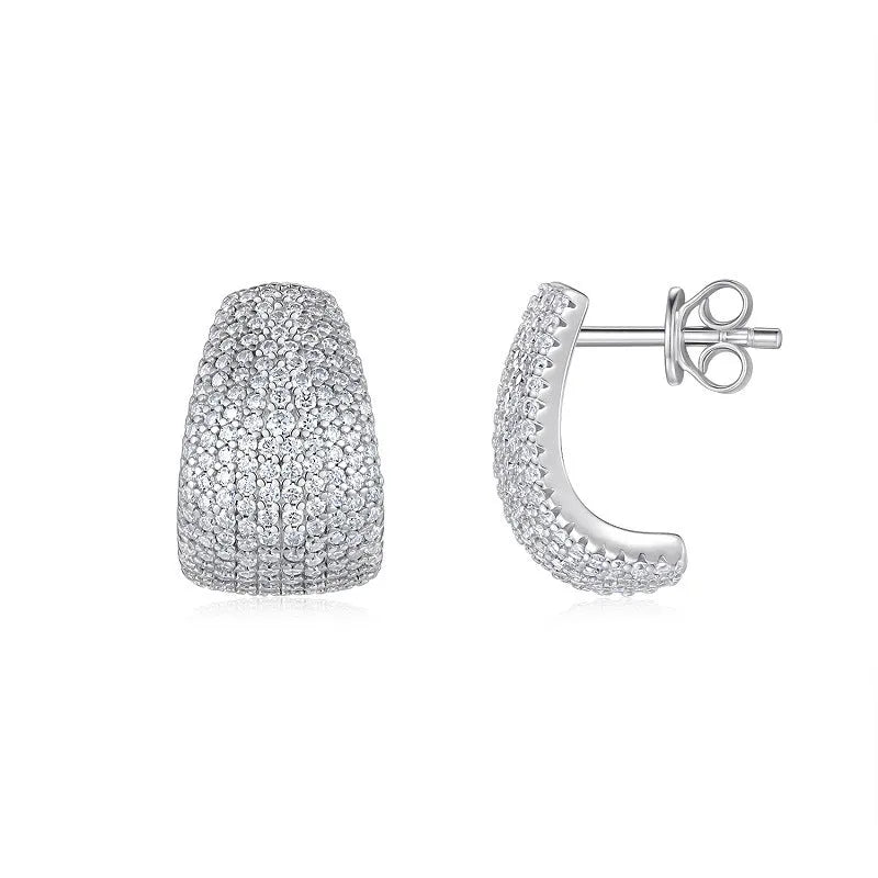Geometric S925 sterling silver stud earrings with white moissanite stones on a gift box.
