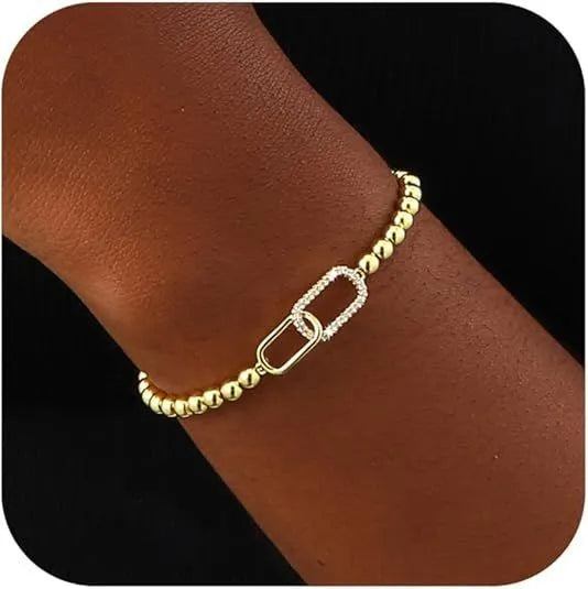 Adjustable stainless steel beaded bracelet with geometric design and round elements in electroplated finish
