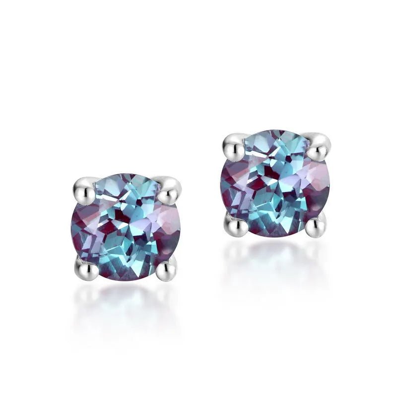 Women's sterling silver ear studs with cultivated Alexandrite stone in geometric round design