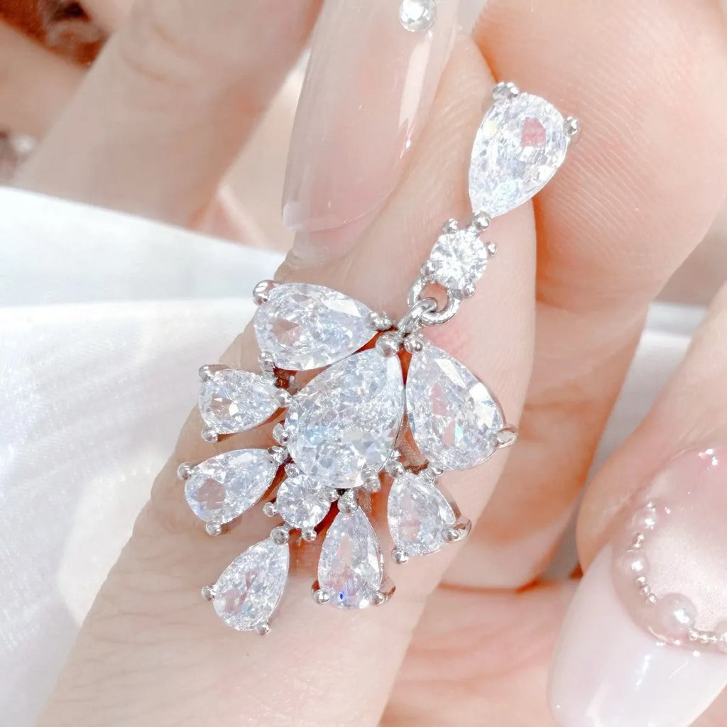 Women's AAA zircon ice flower stud earrings silver tone copper geometric studs on ear