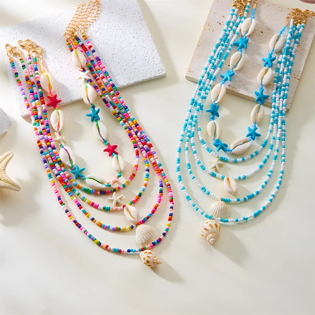 Blue and colour women's multi-layer necklace set with starfish shell conch pendants and bead elements
