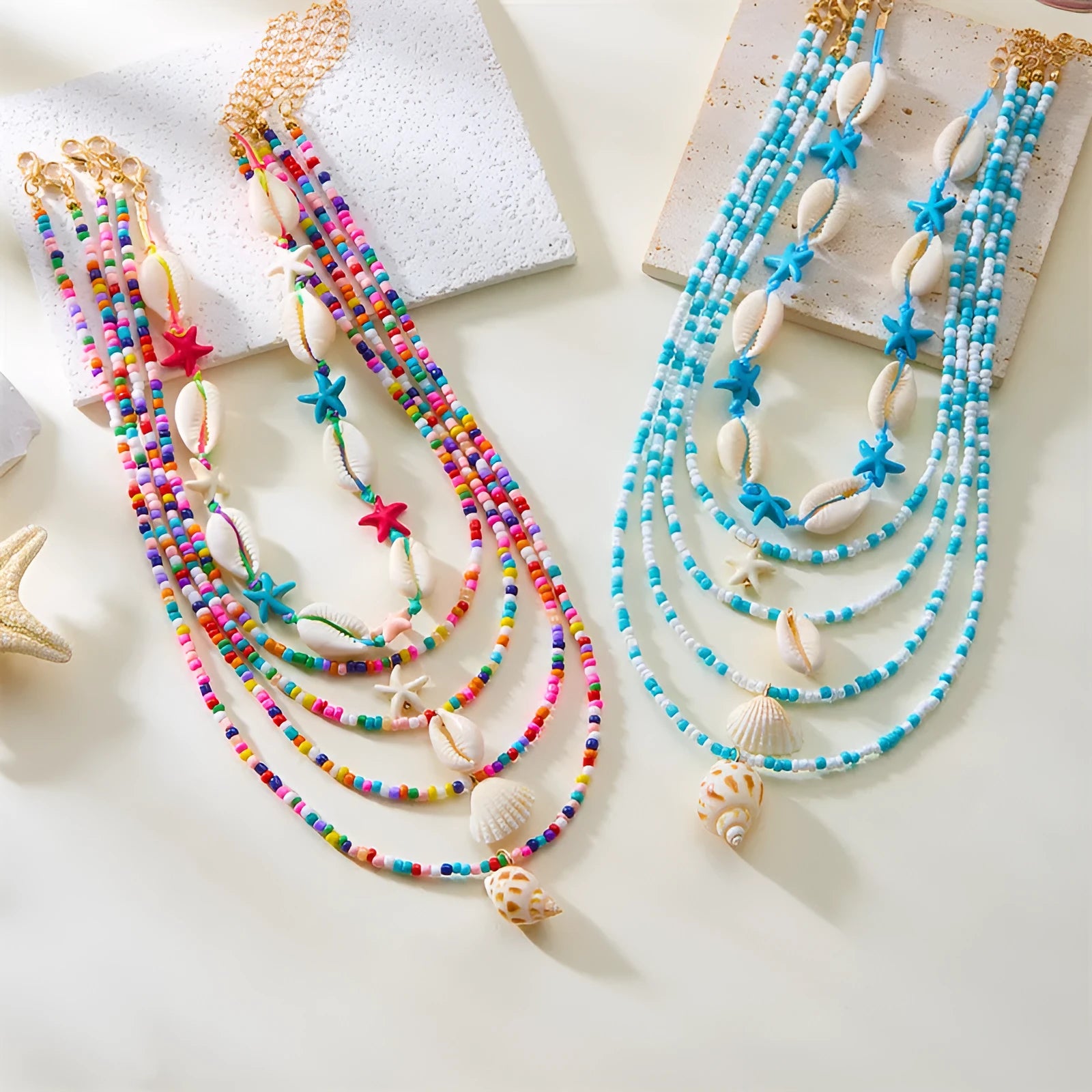 Blue and colour women's multi-layer necklace set with starfish shell conch pendants and bead elements