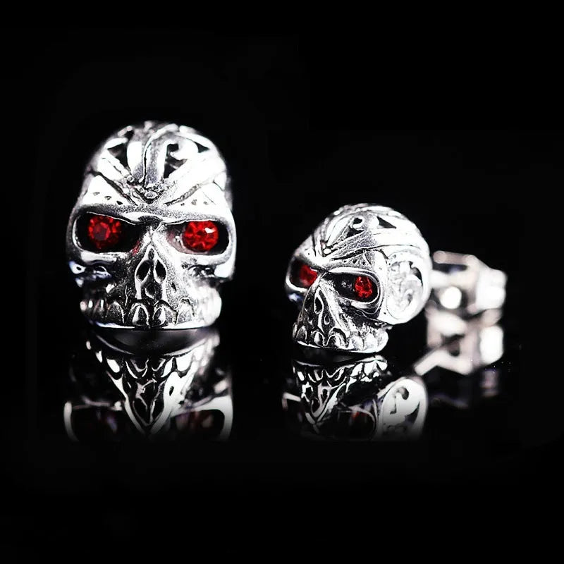 Retro red eye skull stud earrings with alloy metal construction and gemstone inlays