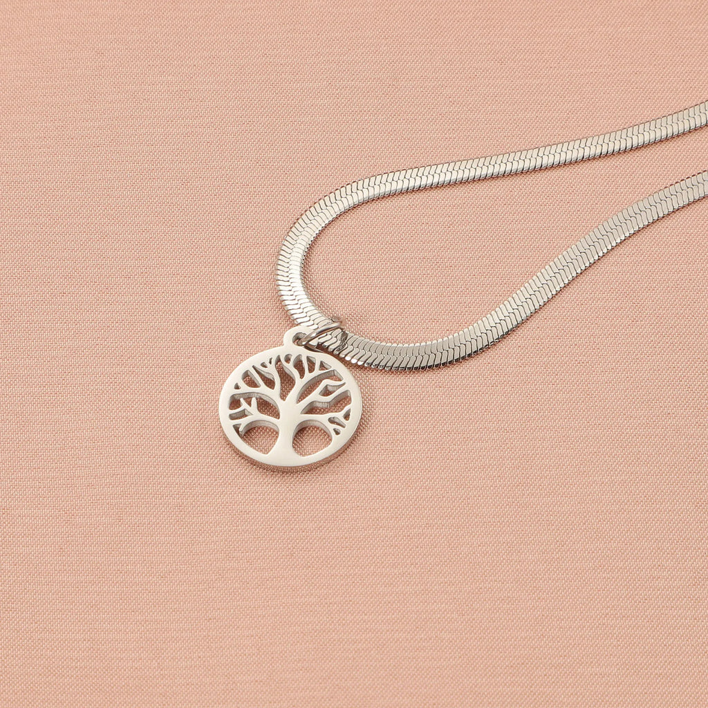 Stainless steel tree pendant necklace with snake bones chain in gold colour
