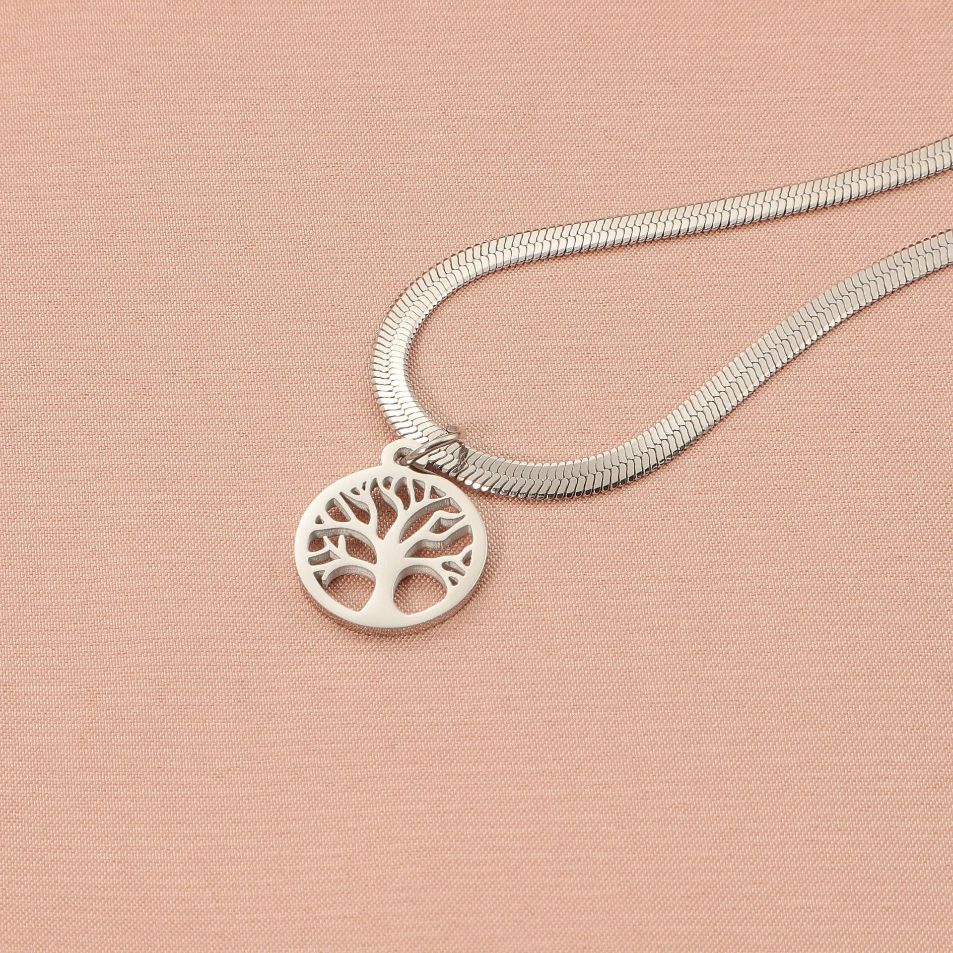 Stainless steel tree pendant necklace with snake bones chain in gold colour