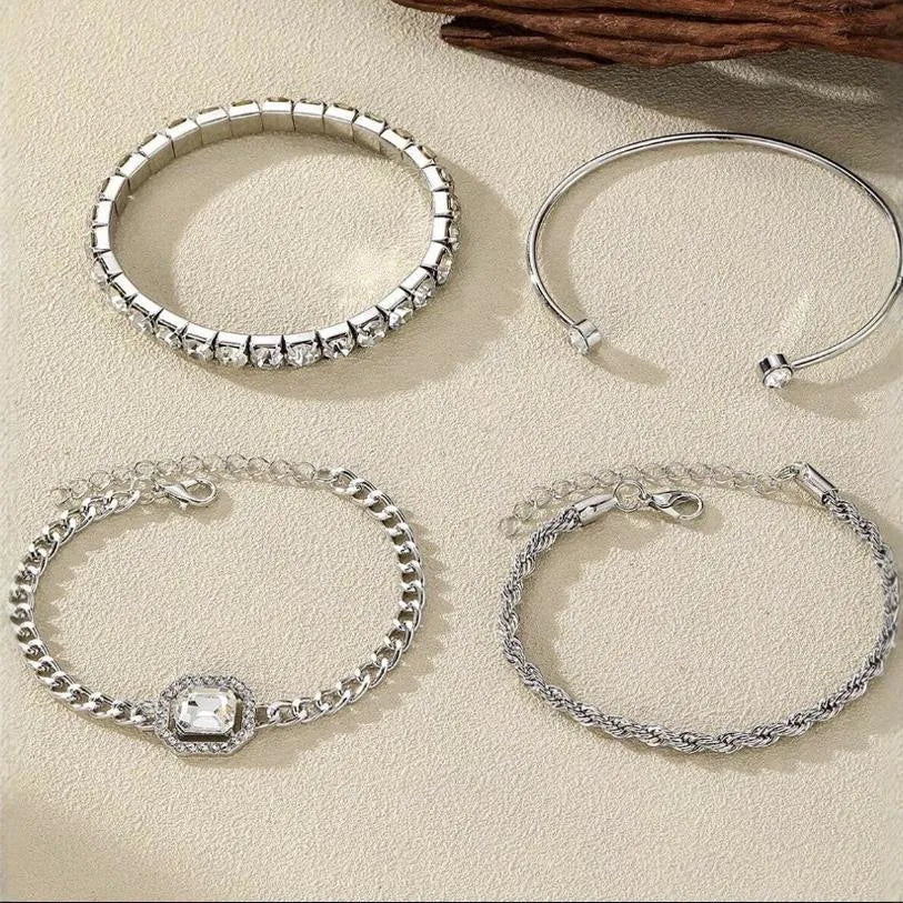 Retro geometric square diamond women's bracelet 4-piece set in gold or silver tone alloy metal