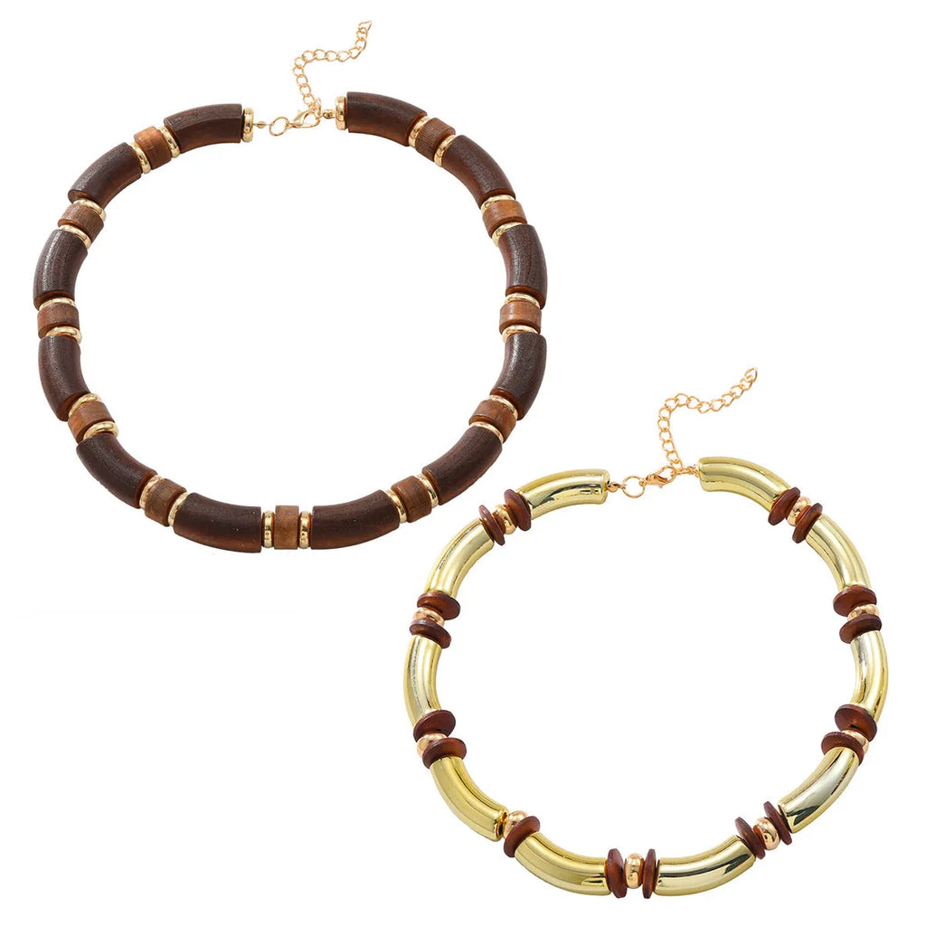 Multi-layer wooden necklace and bracelet jewellery set with alloy construction