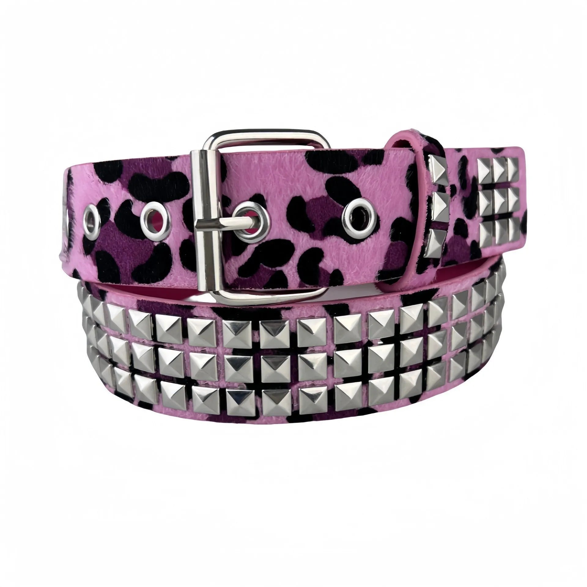 Women's punk fashion belt with metal pyramid studs in leopard print pattern, showing alloy buckle and PU leather strap.