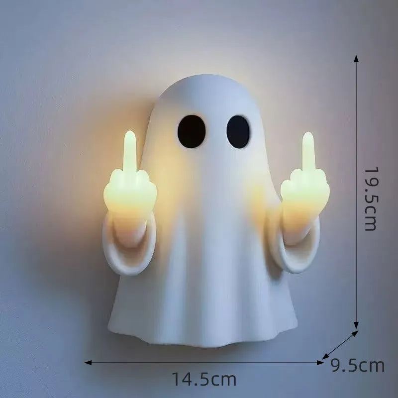 White plastic ghost statue Halloween night lamp with battery-operated LED light, 19.85cm tall
