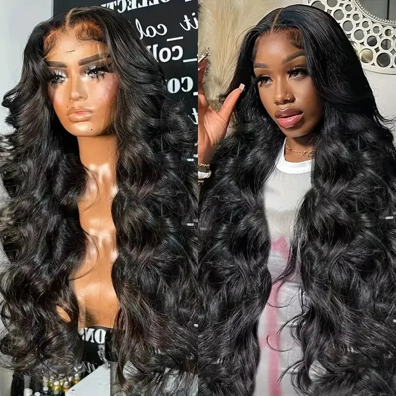 Black lace front synthetic wig with big wavy hairstyle on a model.