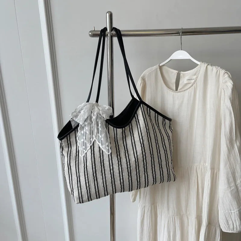 Striped cloth simple Korean style bucket shoulder messenger bag for women with peach skin lining and beige ribbon scarf