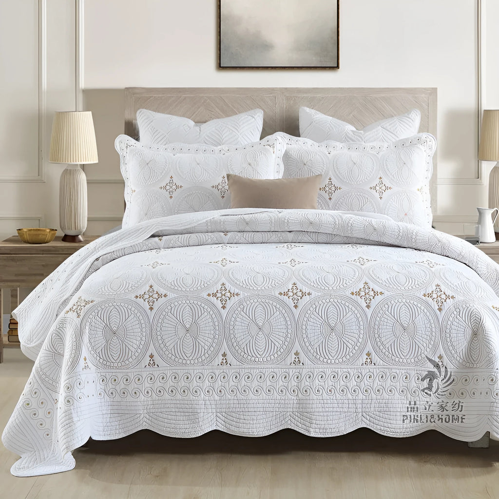 European-style pure cotton bedspread set with embroidery on bed