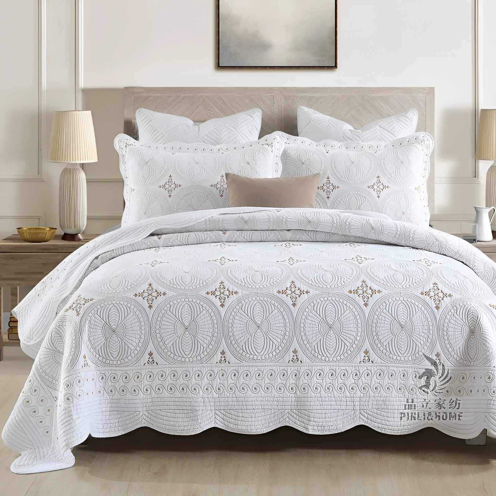 European-style pure cotton bedspread set with embroidery on bed