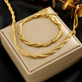 Simple neutral woven twisted gold-plated necklace and bracelet set on titanium steel chain
