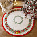 Round red Christmas floor mat with velvet texture in living room setting