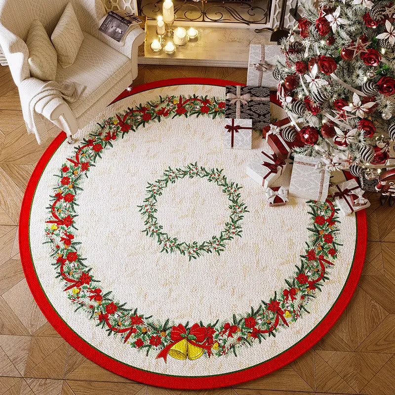 Round red Christmas floor mat with velvet texture in living room setting