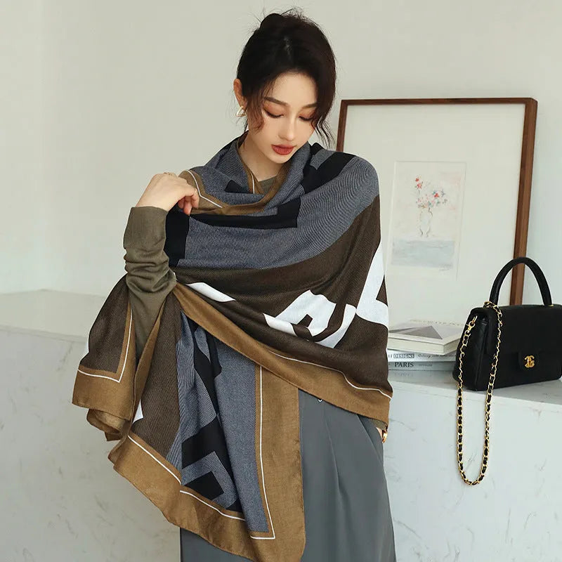 A woman wearing a printed polyester scarf, style 1, measuring 180cm by 90cm.