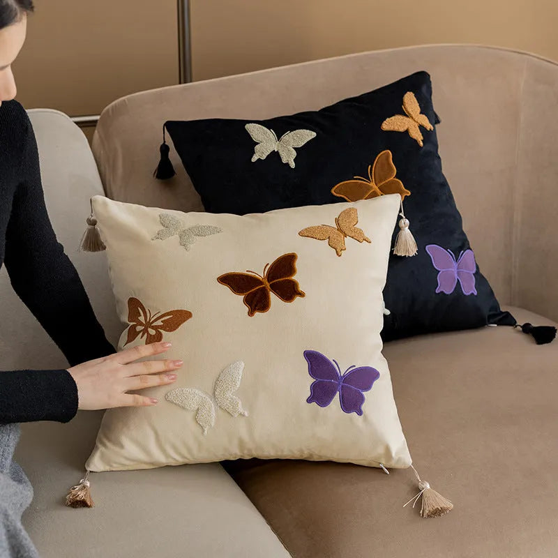 Square 45x45 cm cushion with Chinese style butterfly embroidery in beige, black, or purple