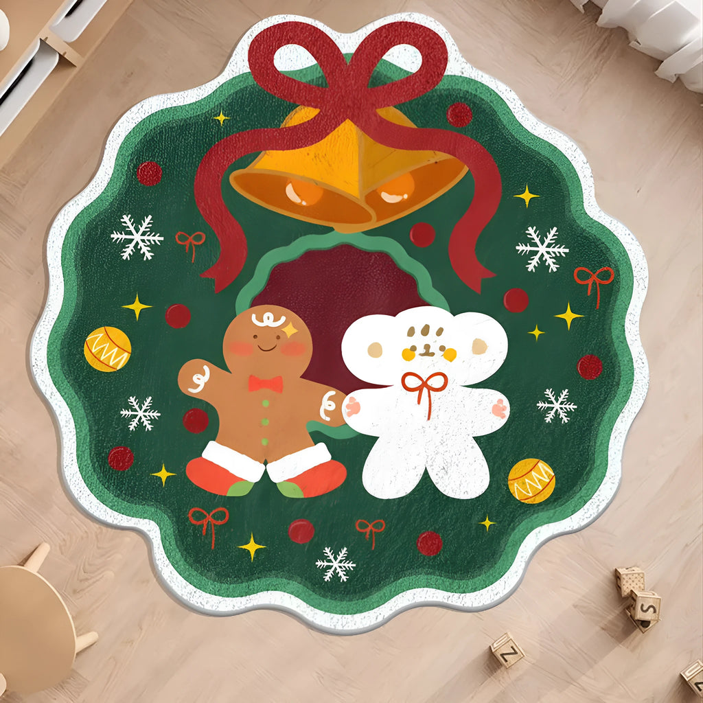 Round Christmas carpet with alien shape design in imitation cashmere material on wooden floor