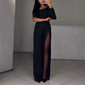 Women's sexy style polyester jumpsuit with high slit design in black, wine red, white or dark blue colours