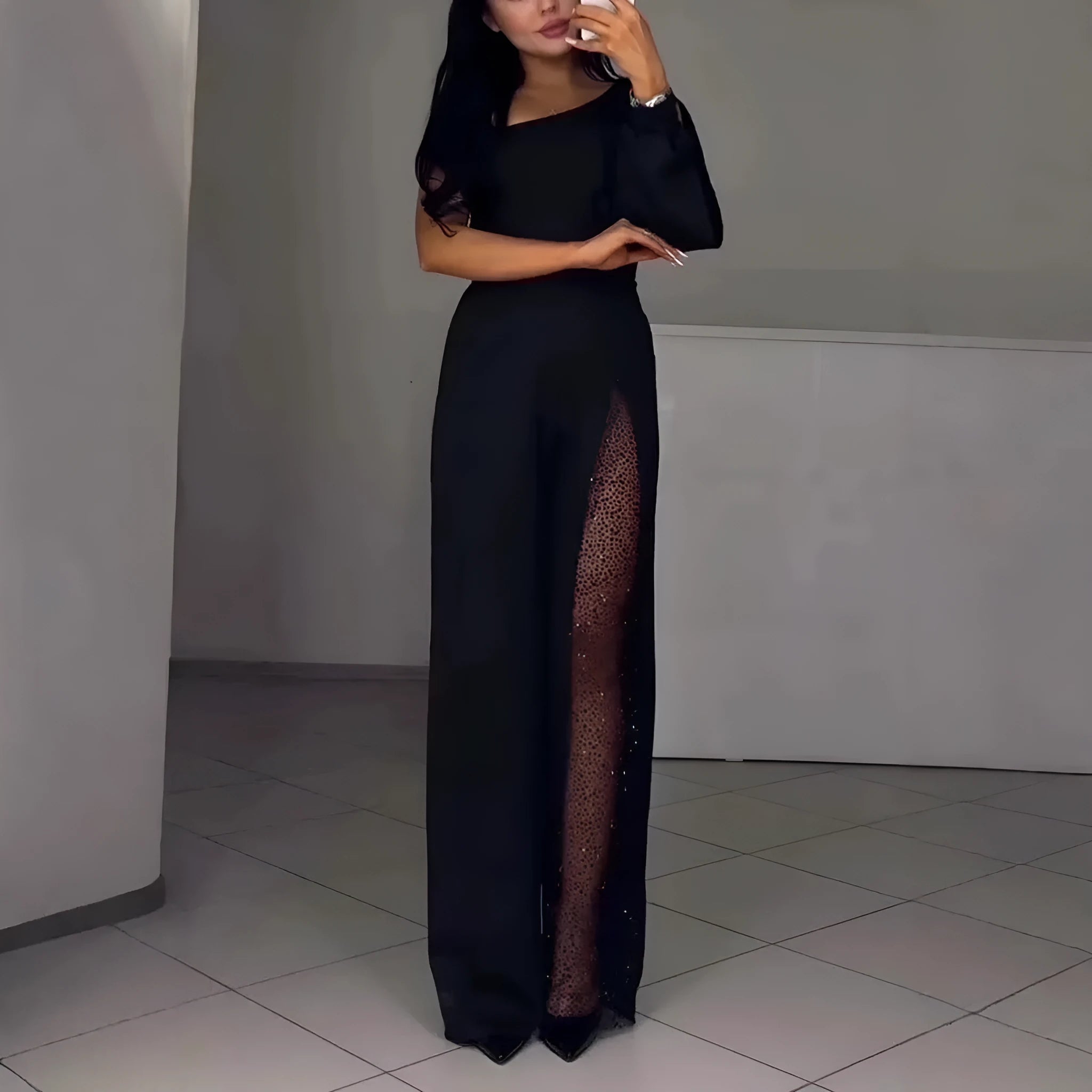 Women's sexy style polyester jumpsuit with high slit design in black, wine red, white or dark blue colours
