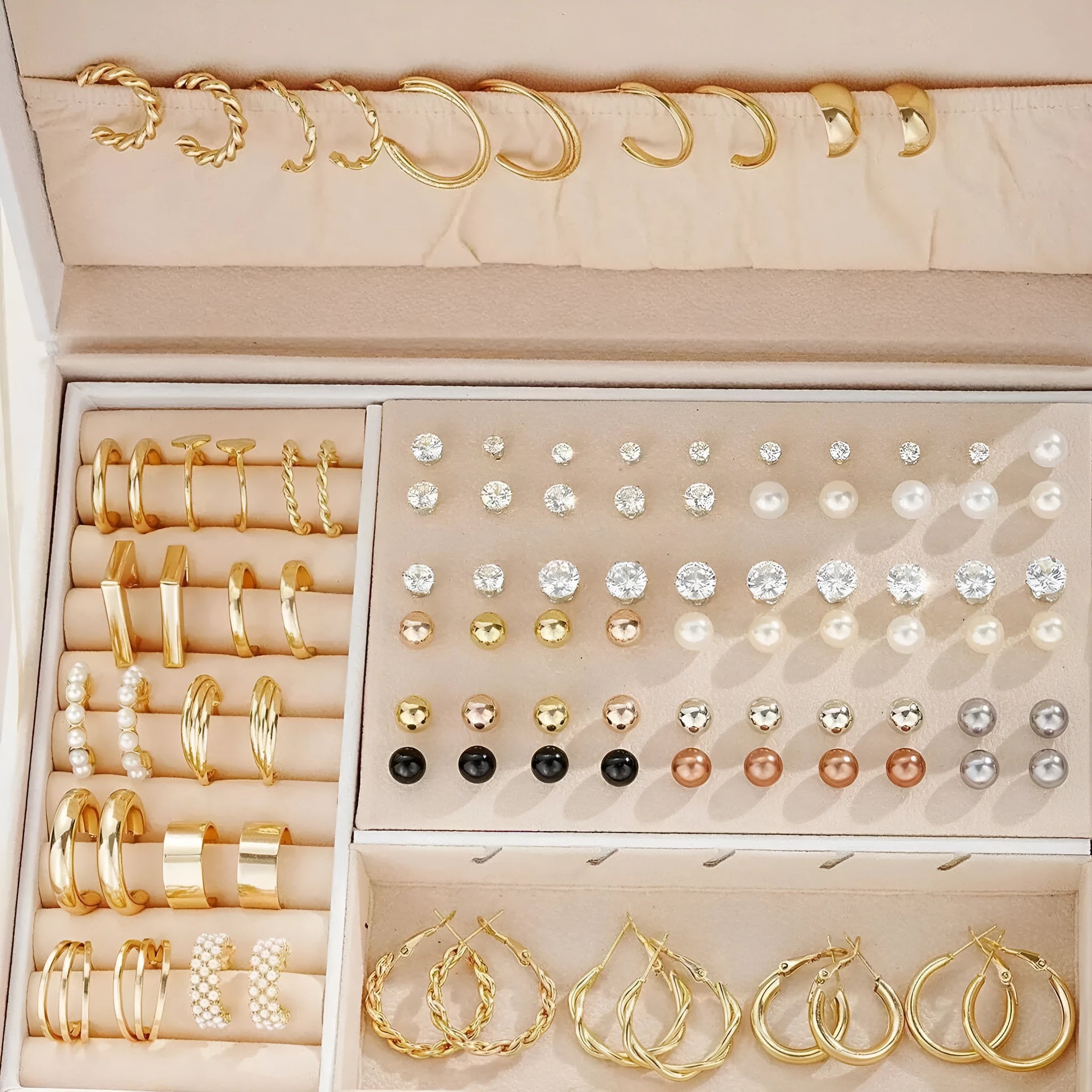 108-piece geometric pearl earrings set with gold and yellow electroplated finishes