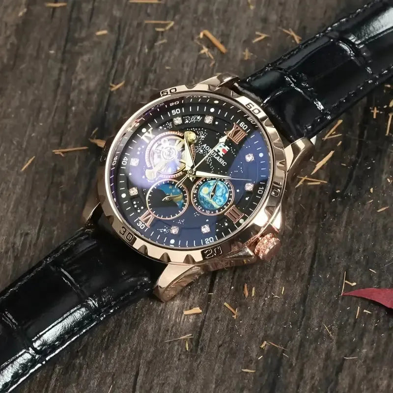 Men's automatic mechanical watch with large hollow dial, rose gold shell, and black leather strap