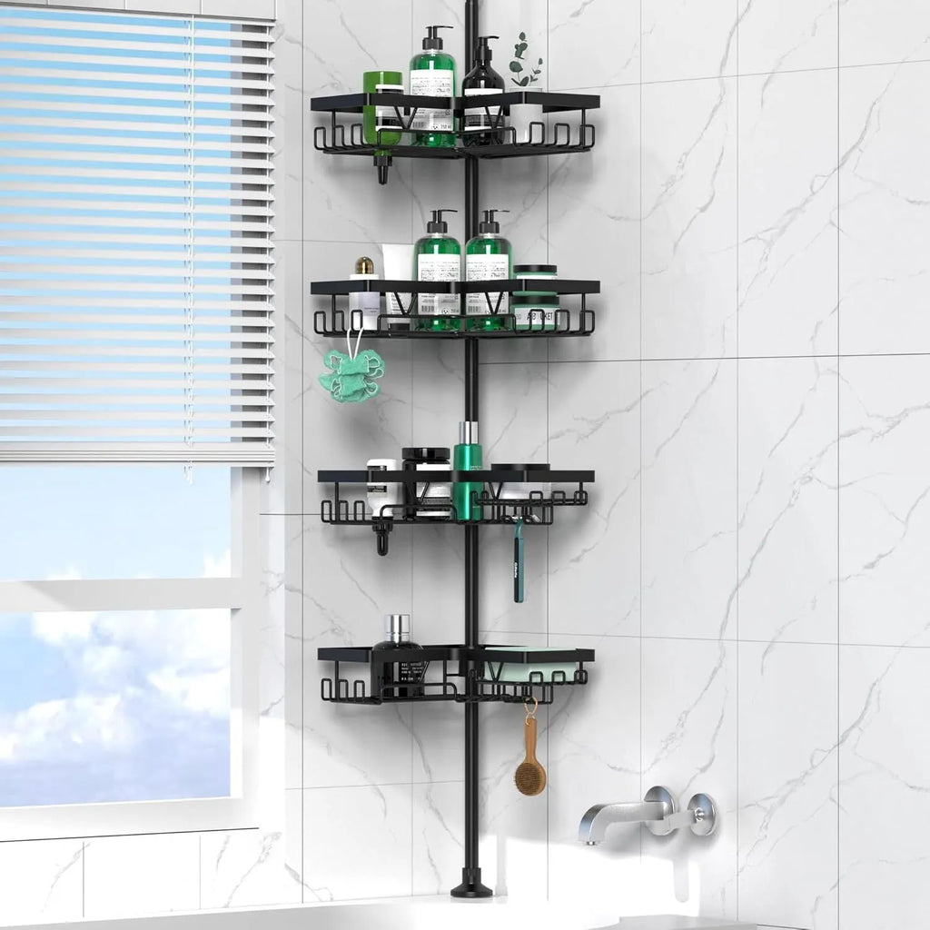 Hole-free retractable bathroom storage rack with four layers and stainless steel construction