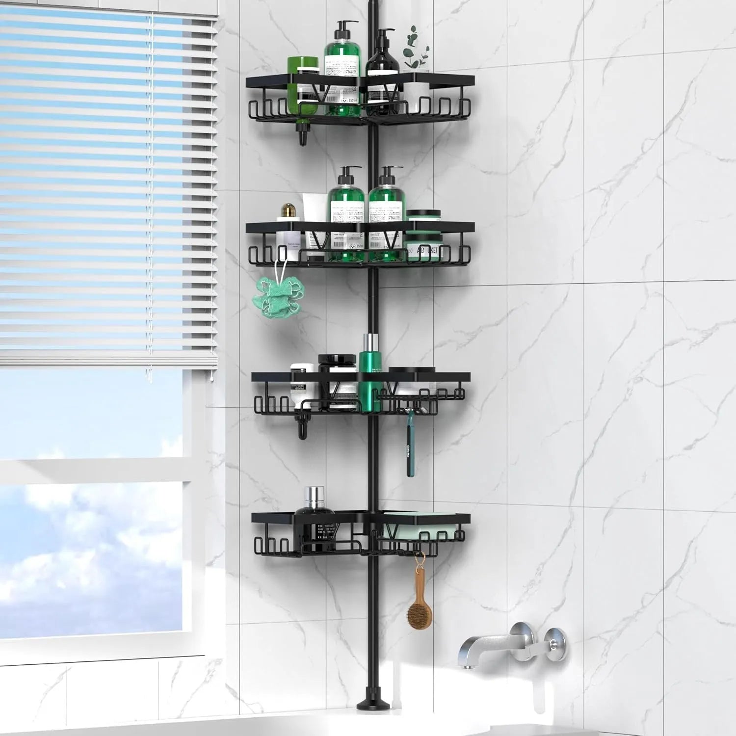 Hole-free retractable bathroom storage rack with four layers and stainless steel construction