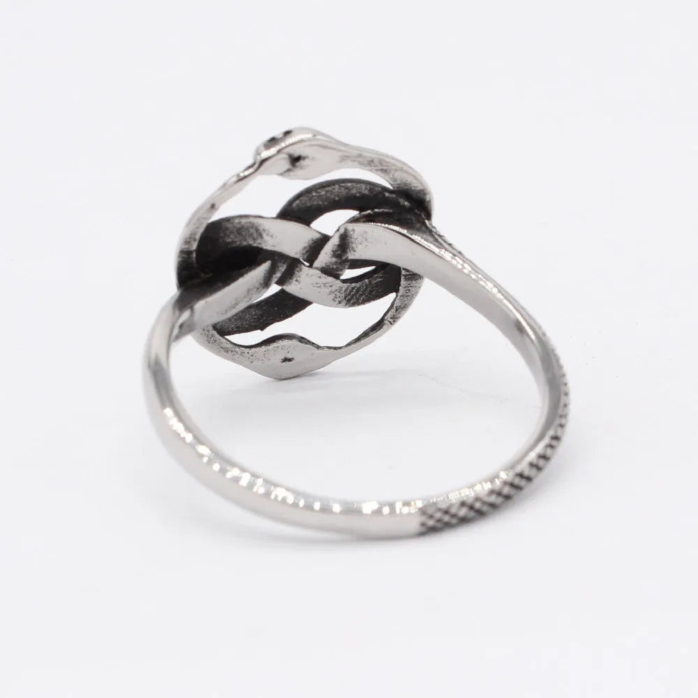 Titanium steel retro double snake ring in steel colour shown on finger
