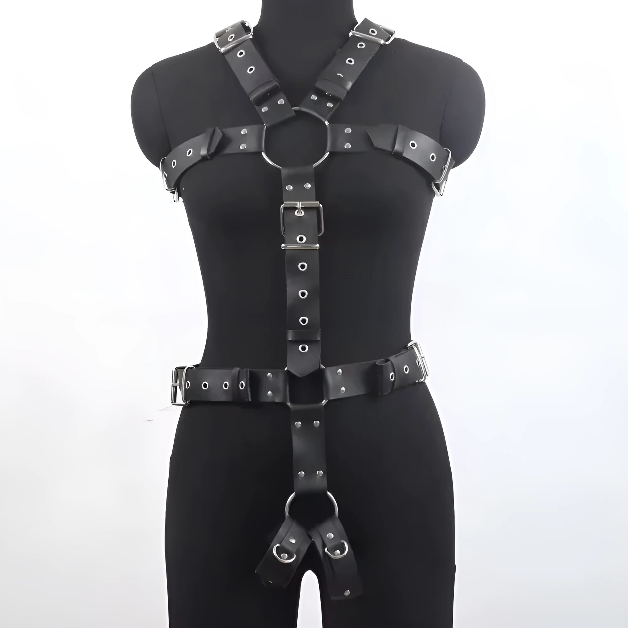 Black imitation leather waist trainer belt with pin buckle closure on mannequin