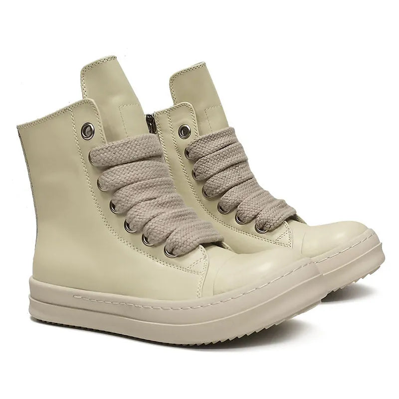 Black high-top leather sneakers with side zipper and platform sole on a white background