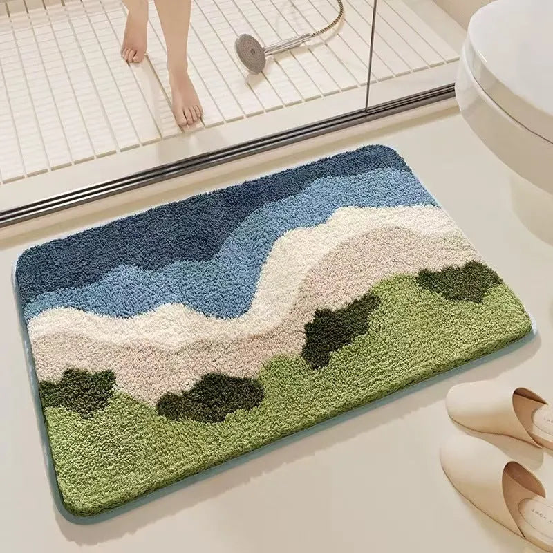 Sky sea coloured square rug with rainbow pattern, showing flat imitation cashmere texture and plastic bottom.