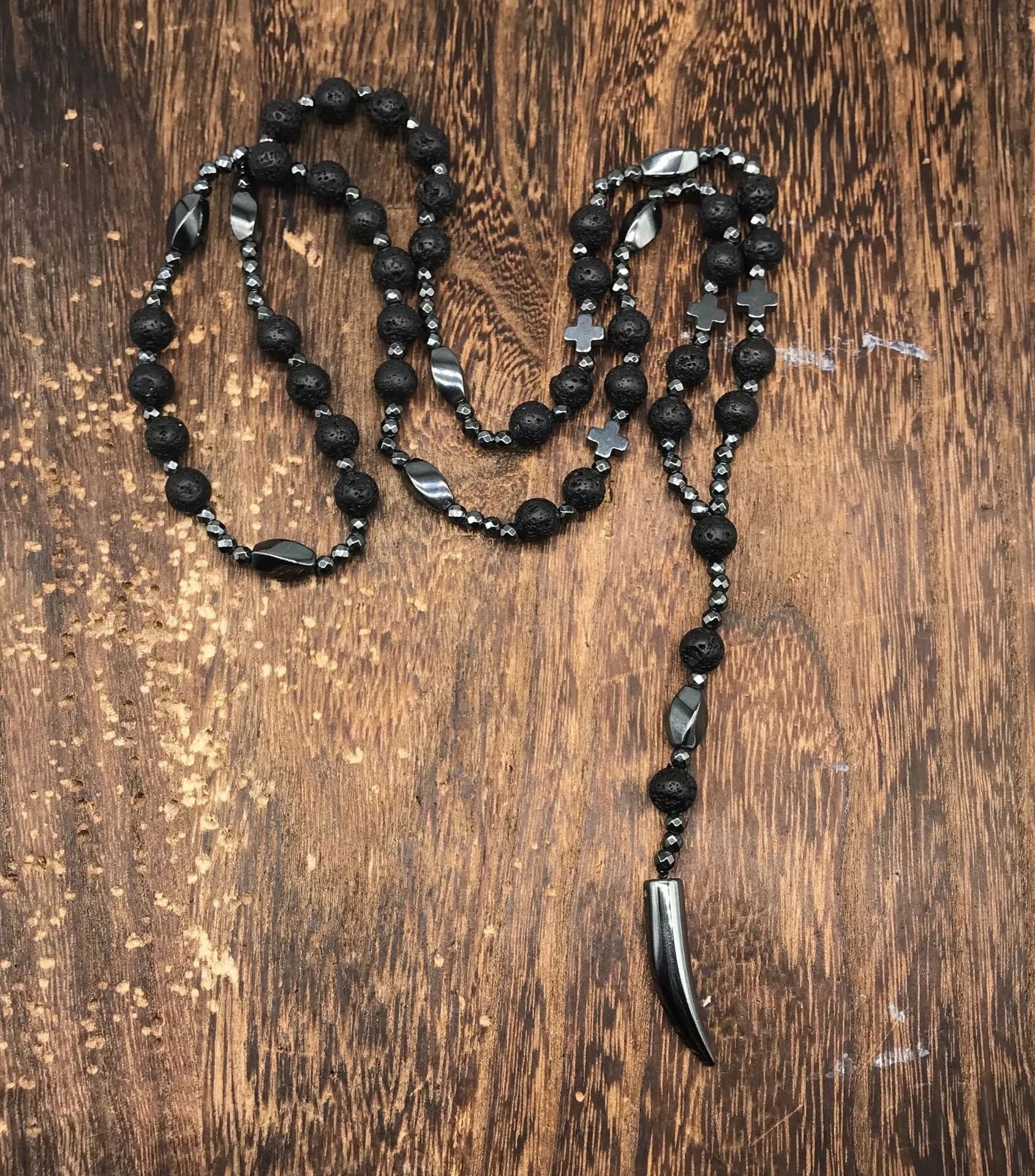 Men's stone cross pendant necklace with ball bead chain and safety lock clasp
