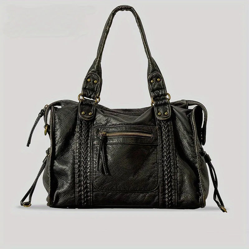 Women's brown retro soft PU messenger bag with woven detail and a single shoulder strap