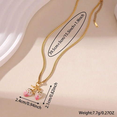 Strawberry-shaped alloy pendant necklace on stainless steel chain in red or white powder gradient colours