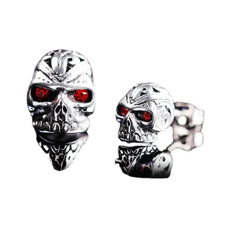 Retro red eye skull stud earrings with alloy metal construction and gemstone inlays