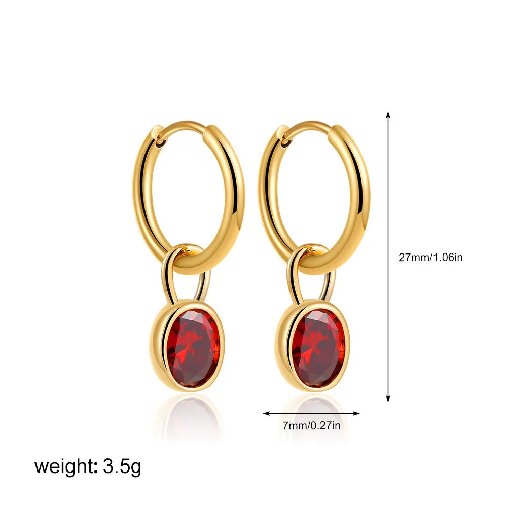 Women's retro oval zircon earrings in six colour options with copper construction and ellipse design