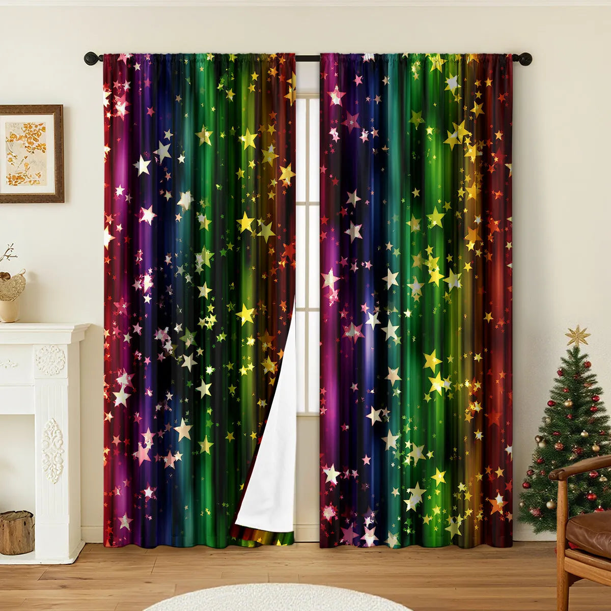 3D digitally printed Christmas curtain pair showing festive patterns on polyester fabric with sunshade properties