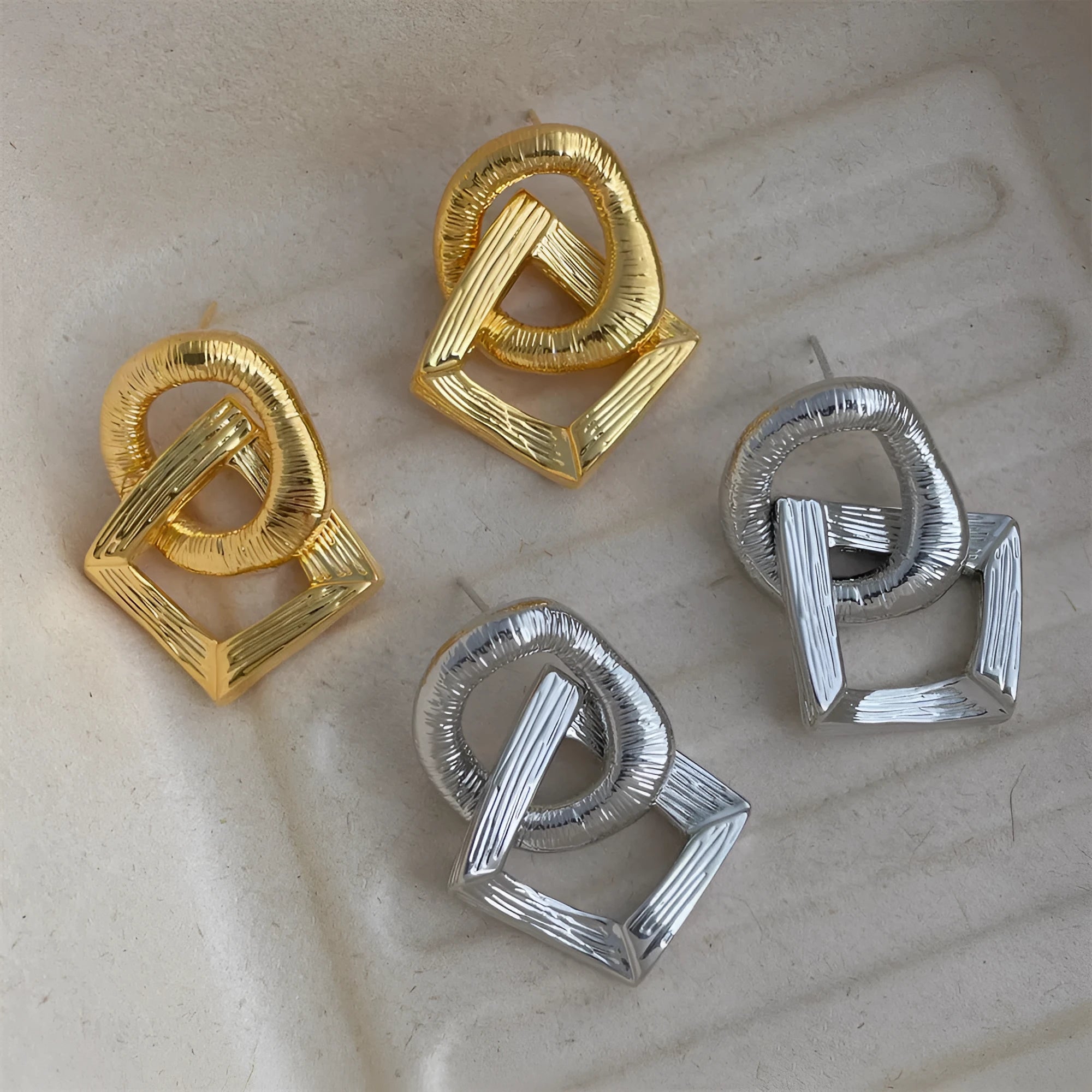 3.4cm copper circle pendant earrings with geometric design in gold or silver electroplated finish